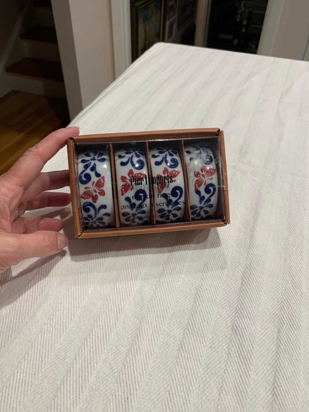 Vintage Pier 1 Blue and Red Floral Ceramic Napkin Rings (Set of 4)